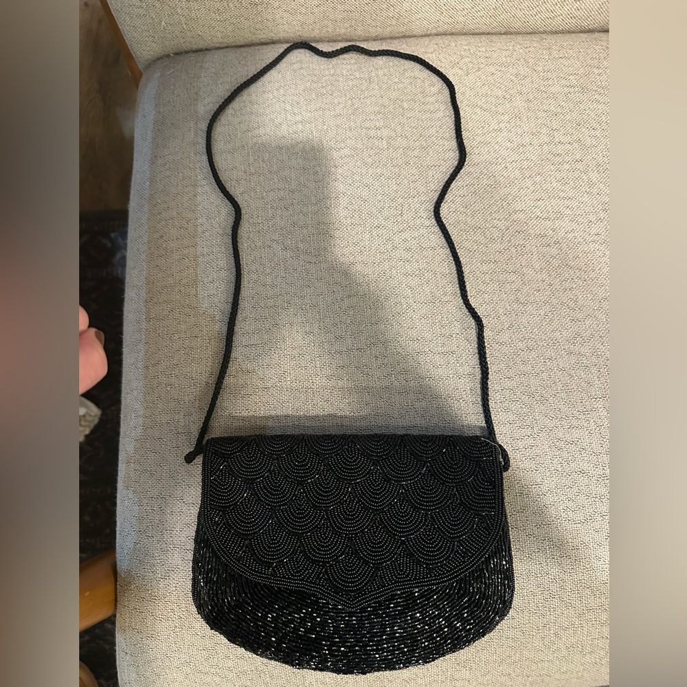ADG Vintage Look Black Beaded Clutch Shoulder Bag Evening 1920s Flapper Gatsby‎ - Picture 6 of 7